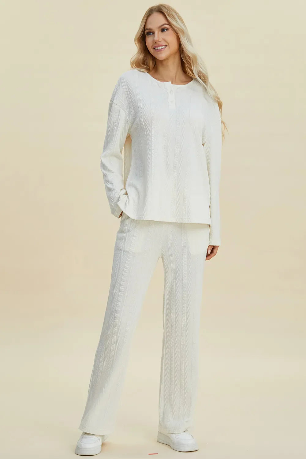 Double Take Full Size Cable-Knit Long Sleeve Top and Pants Set West2East Surf
