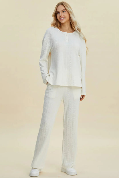 Double Take Full Size Cable-Knit Long Sleeve Top and Pants Set West2East Surf