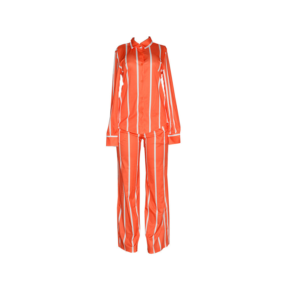 Women's Striped Print Two-piece Set - Button Front Collar Long Sleeve Shirt & High Waist Wide Leg Loose Pants Set - Casual Style - For Women - Perfect for Everyday Wear & Loungewear - Great Gift for Fashionable Women NovaCart