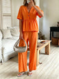 Women's V-Neck Loose Short-Sleeve Top & Wide-Leg Pants Set FitiqueFit