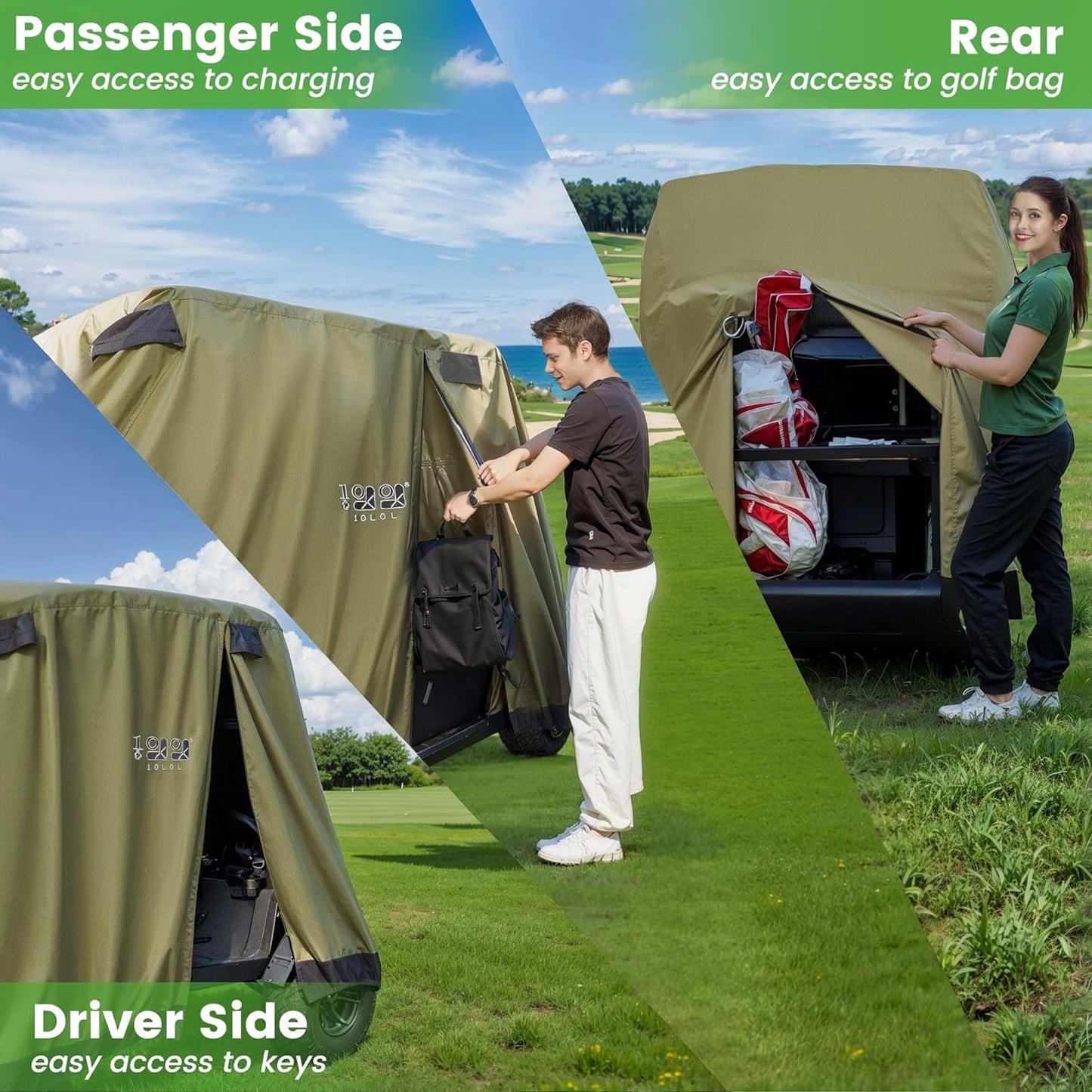 Golf Cart Cover 2/4/4+2 Passenger for Yamaha EZGO Club Car, Heavy Duty 420D Waterproof Windproof Durable Oxford Golf Cart Cover with 3 Zipper Doors for All-Weather Protection (Black/Silver)