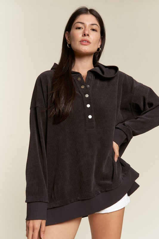Long Sleeve Button Down Ribbed Hooded Sweatshirt Shop Style & More | Fresh Looks, Everyday Deals & Free Shipping