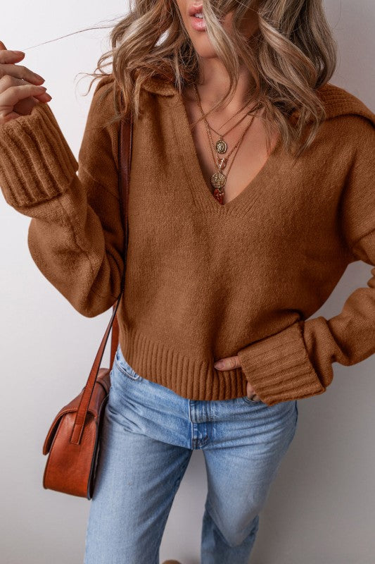 Solid Collared V-Neck Ribbed Edge Sweater Shop Style & More | Fresh Looks, Everyday Deals & Free Shipping