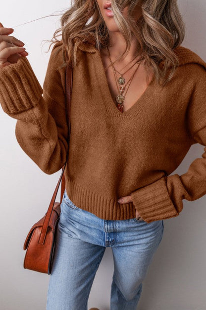Solid Collared V-Neck Ribbed Edge Sweater Shop Style & More | Fresh Looks, Everyday Deals & Free Shipping