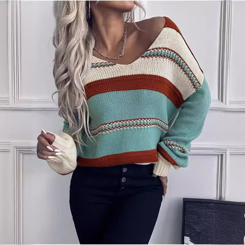 Women's French Vintage Striped Sweater | V-Neck Long Sleeve Stretch Knit FitiqueFit