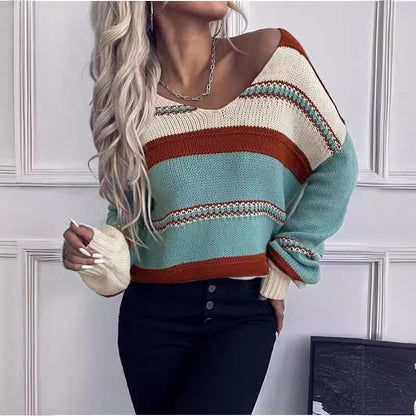 Women's French Vintage Striped Sweater | V-Neck Long Sleeve Stretch Knit FitiqueFit
