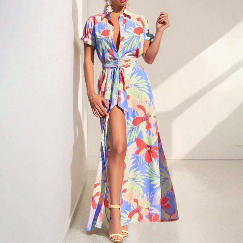 European American Fashion Floral Print Lapel Split Dress Women Grayceful LLC