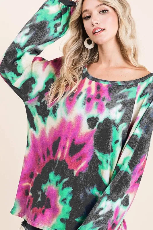 BiBi Tie Dye Print Terry Top with Puff Sleeves New Era Fashion LLc