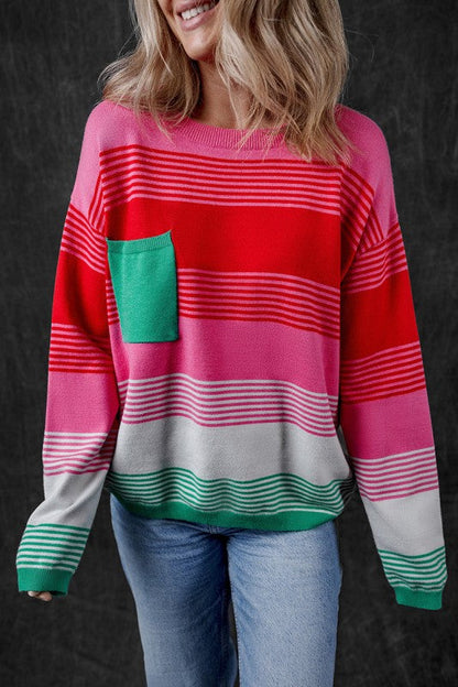 Striped Knit Patch Pocket Drop Shoulder Sweater Shop Style & More | Fresh Looks, Everyday Deals & Free Shipping