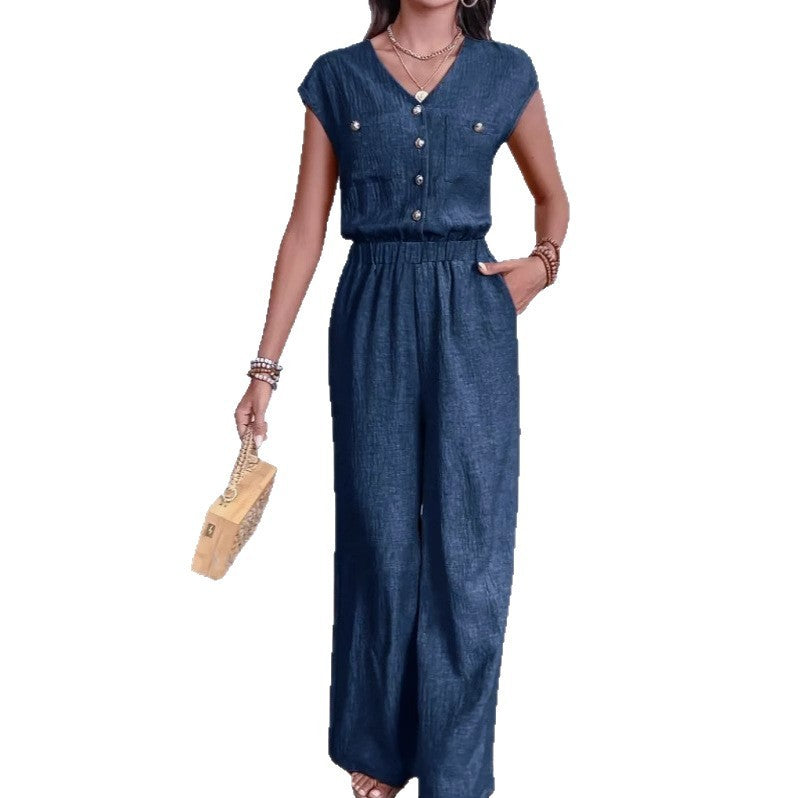 All-matching V-neck Buttons Elastic Waistband Slimming Temperament Jumpsuit Grayceful LLC