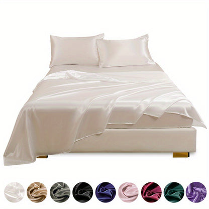 4pcs Satin Bed Sheet Four-Piece Set Includes One Fitted Sheet, One Flat Sheet, And Two Pillowcases. Pillowcases Do Not Include Inserts. Solid Colors Showcase Simple Elegance. The Simple Style Is Classic And Timeless. Polyeste NovaCart