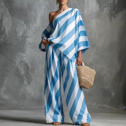 Women's Retro Striped Batwing Top & Wide-Leg Pants Set – Vintage 2-Piece FitiqueFit