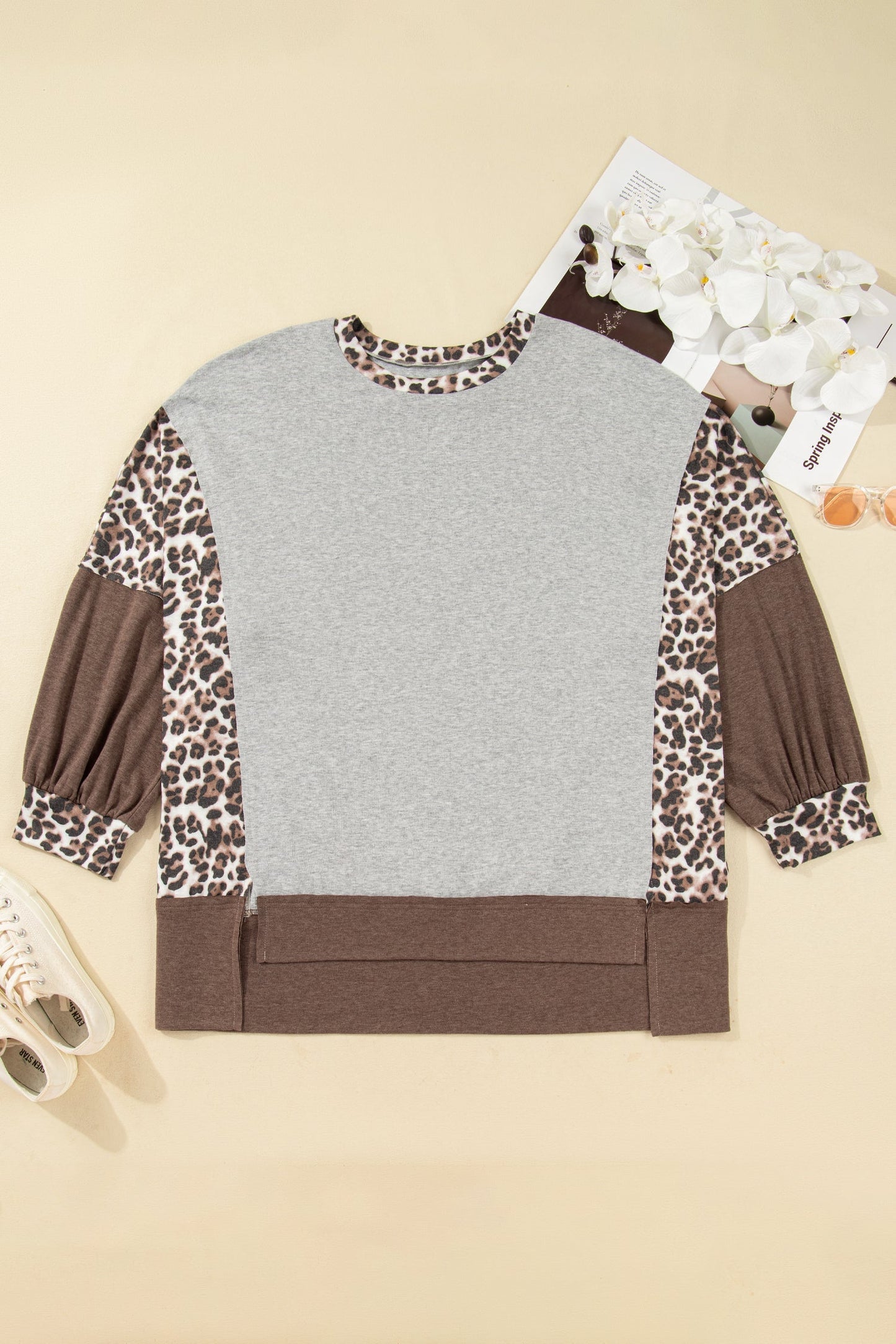 Gray Plus Size Leopard Color Block Patchwork Dolman Sweatshirt Garden Naked Curves