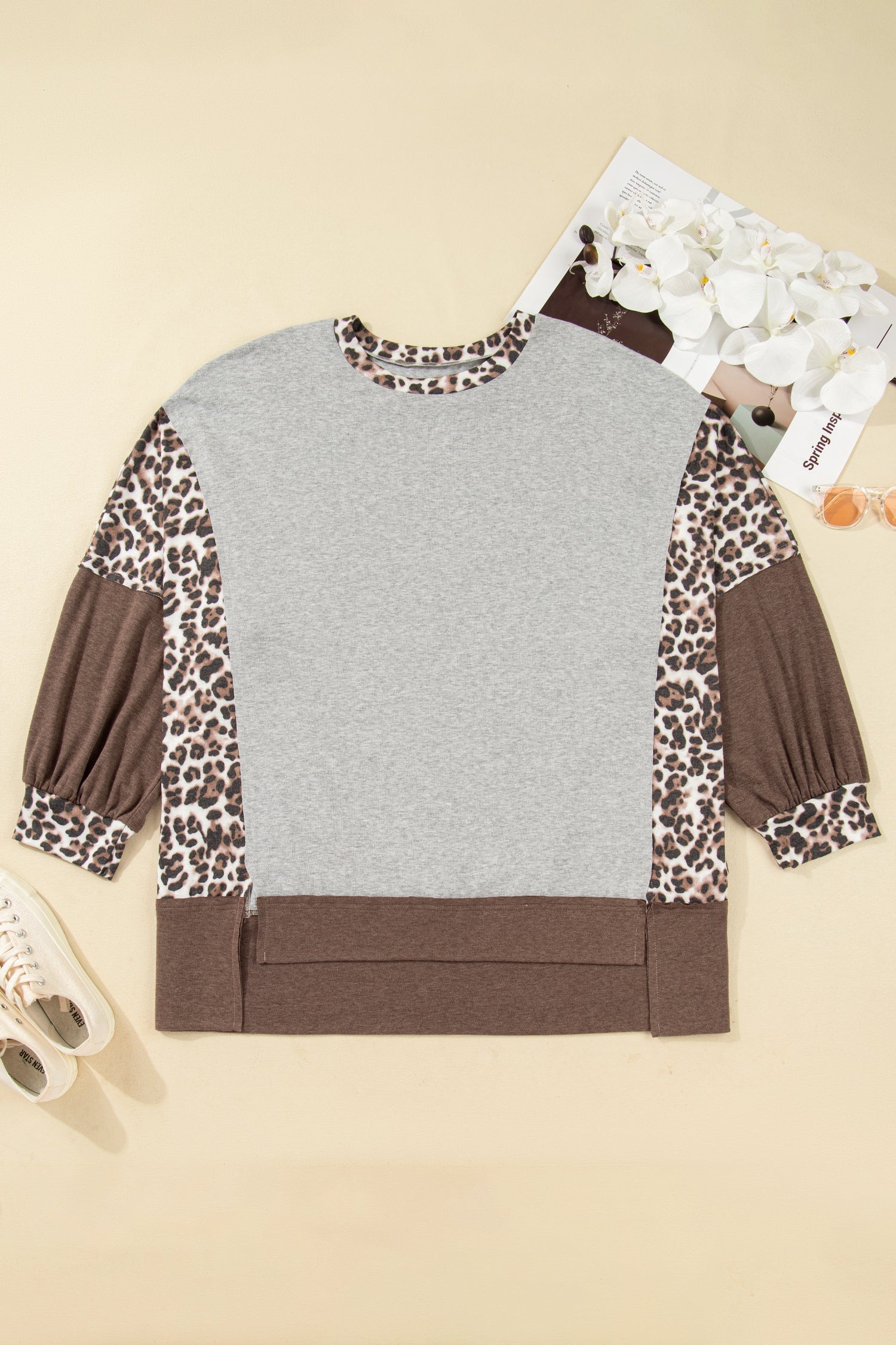 Gray Plus Size Leopard Color Block Patchwork Dolman Sweatshirt Garden Naked Curves