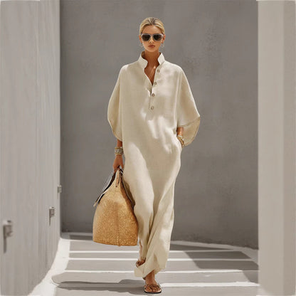 Women’s Stand Collar Button-Down Loose Straight Long Dress FitiqueFit