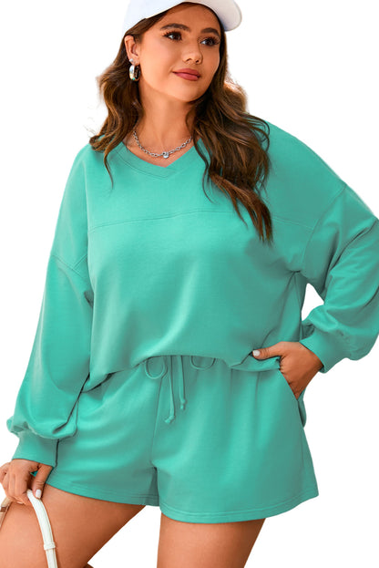 Sea Green Drop Shoulder V Neck Pullover Top and Drawstring Short Plus Size Set Garden Naked Curves