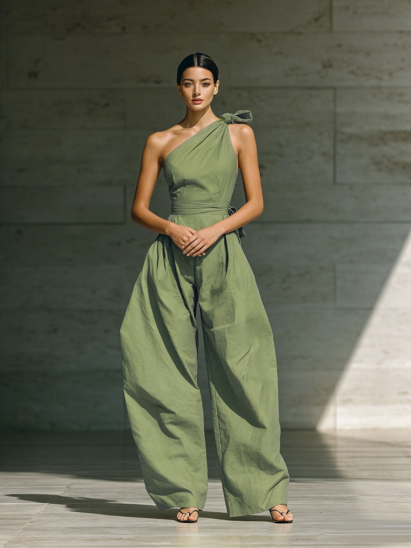 Women's Loose Sleeveless Off-Shoulder Belted Wide-Leg Jumpsuit FitiqueFit