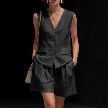 Women’s Cotton Linen Sleeveless Vest Top and Shorts Set FitiqueFit