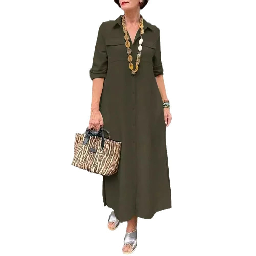 Elegant Solid Color Long Sleeve Button Lapel Dress Grayceful LLC