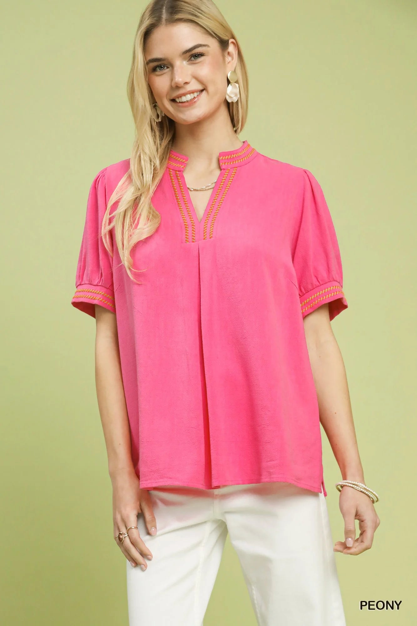 Umgee Embroidery Linen Puff Sleeve Blouse New Era Fashion LLc