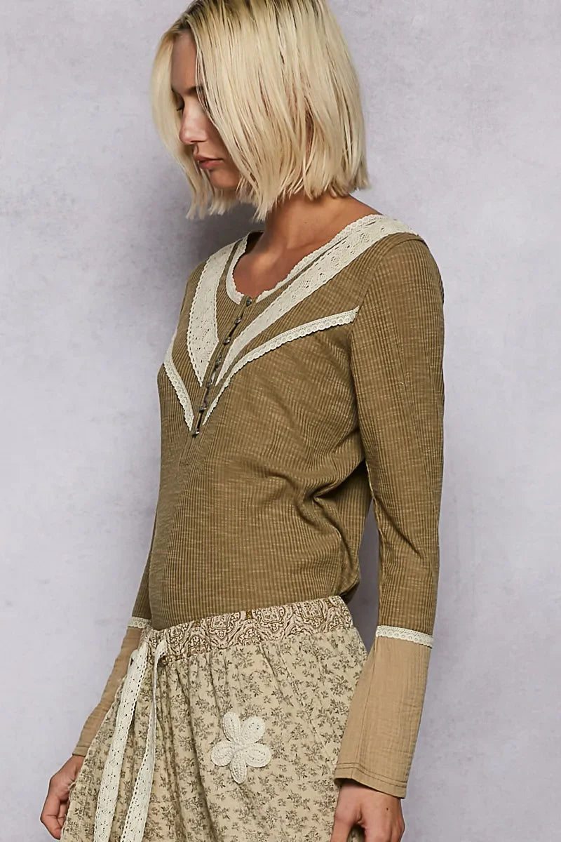 POL Ribbed Half Button Lace Detail Knit Top West2East Surf