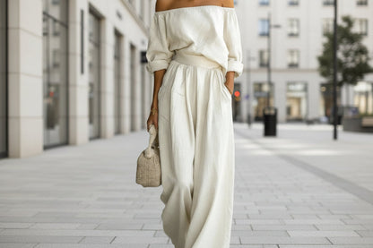 Women's Off-Shoulder Long-Sleeve Top & Wide-Leg Pants Two-Piece Set FitiqueFit