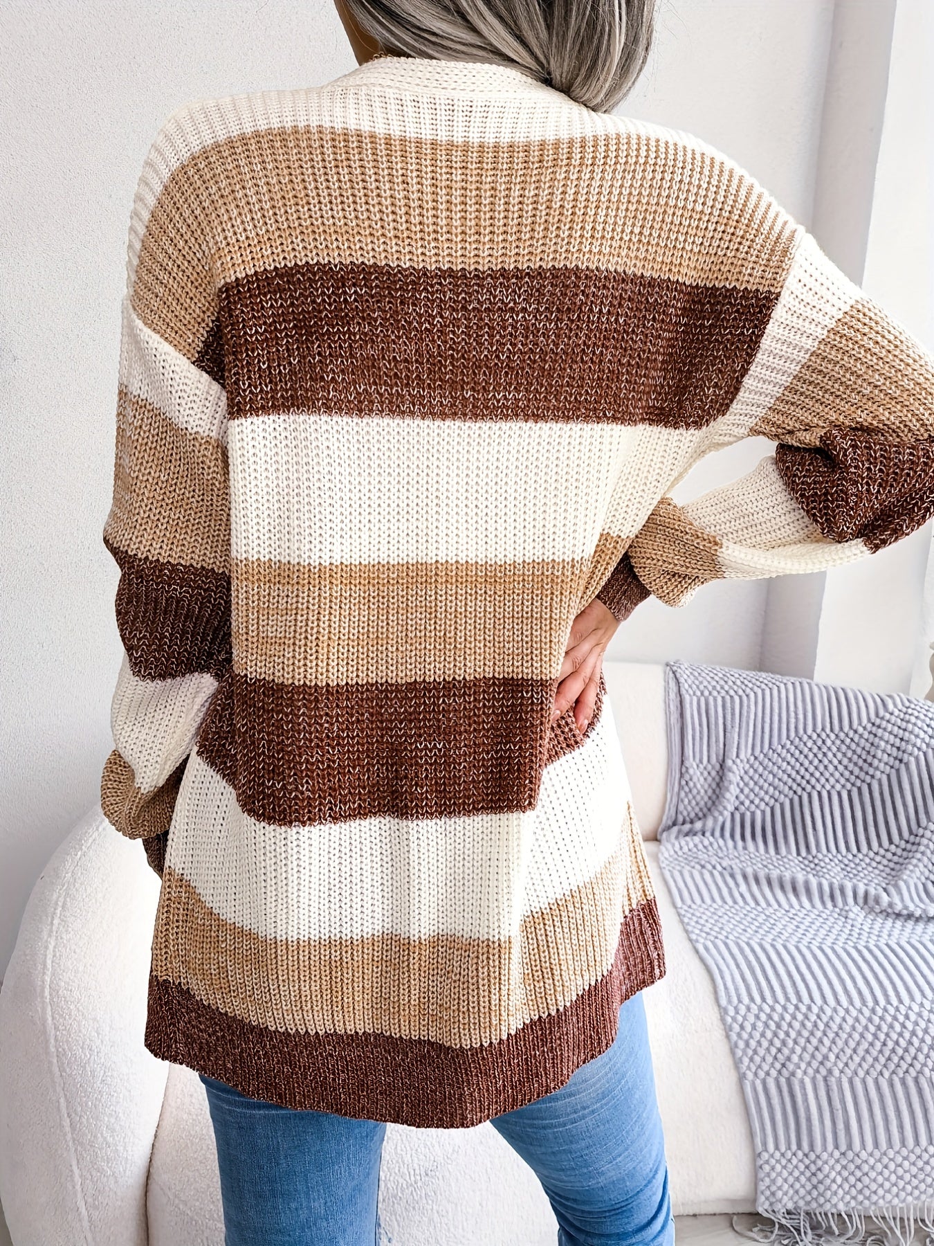 Striped Colorblock V-neck Cardigans, Casual Loose Drop Shoulder Long Sleeve Fall Winter Knit Cardigan, Women's Clothing NovaCart