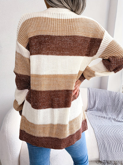 Striped Colorblock V-neck Cardigans, Casual Loose Drop Shoulder Long Sleeve Fall Winter Knit Cardigan, Women's Clothing NovaCart