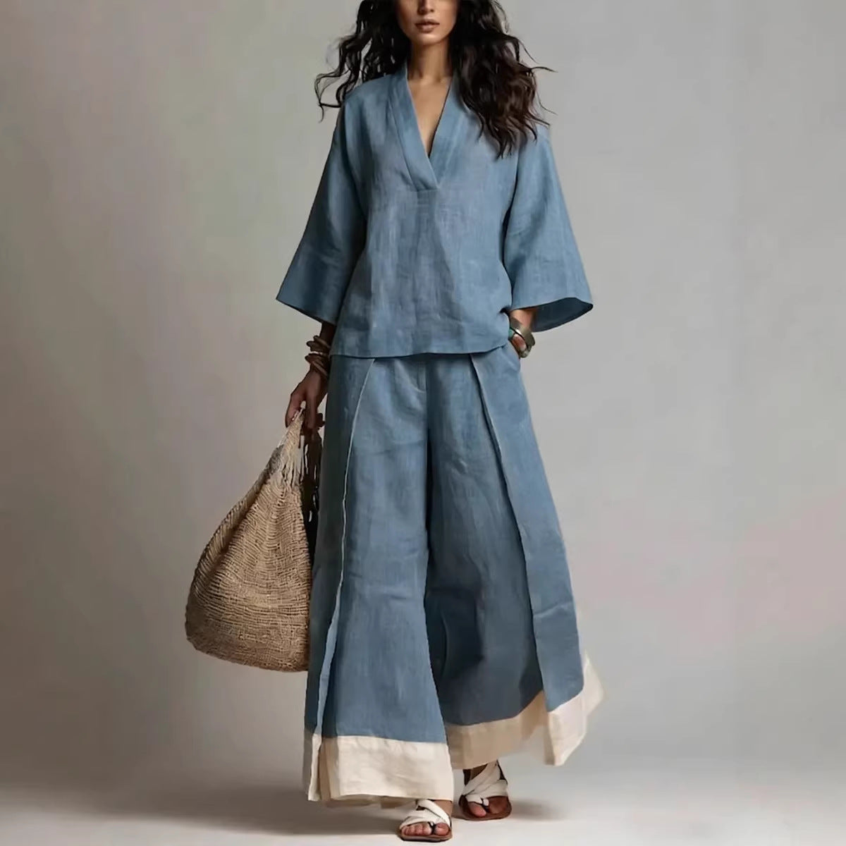 Women's Cotton-Linen V-Neck 3/4 Sleeve Shirt & Wide-Leg Pants Set FitiqueFit