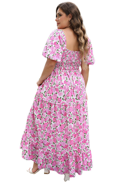 Pink Plus Size Floral Print Smocked Puff Sleeve Dress Garden Naked Curves