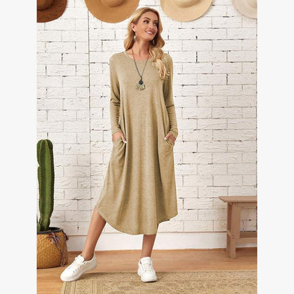 Women's Cotton Maxi Dress – Solid Color Long Sleeve A-Line with Pockets FitiqueFit