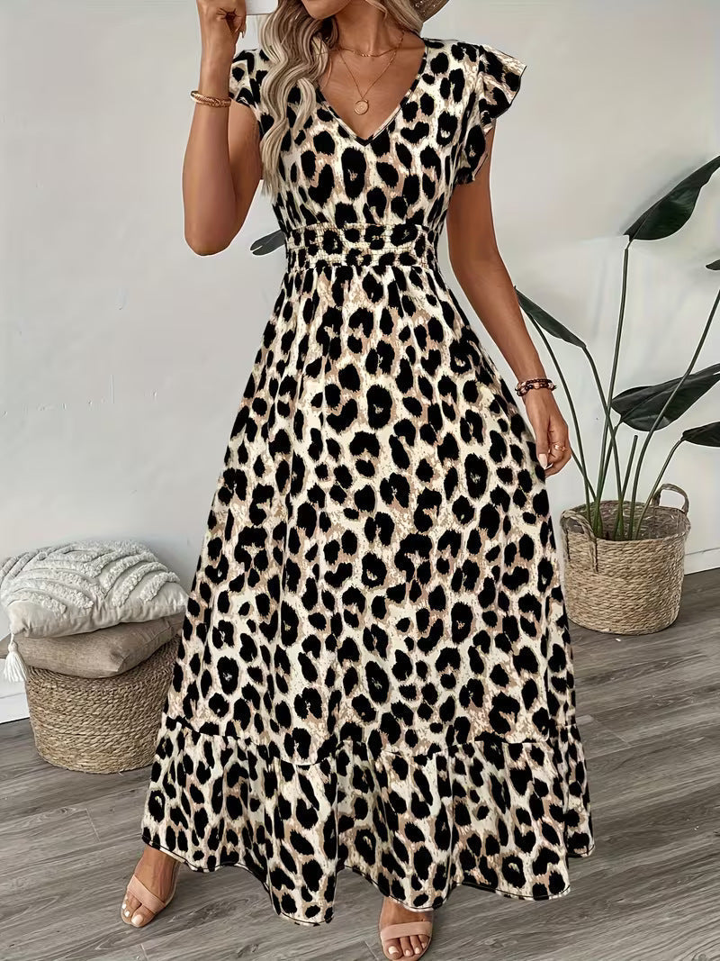 Women's V-Neck Floral Print A-Line Midi Dress – High Waist Sleeveless FitiqueFit