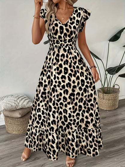 Women's V-Neck Floral Print A-Line Midi Dress – High Waist Sleeveless FitiqueFit