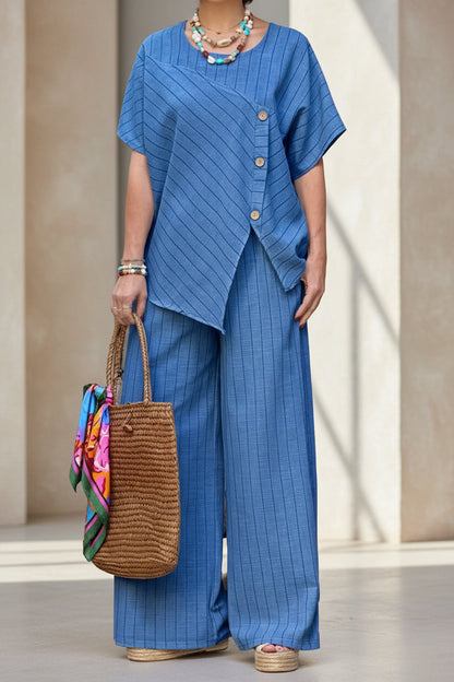 Striped Shirt & Loose Pants Set – Three-Quarter Sleeve Two-Piece FitiqueFit