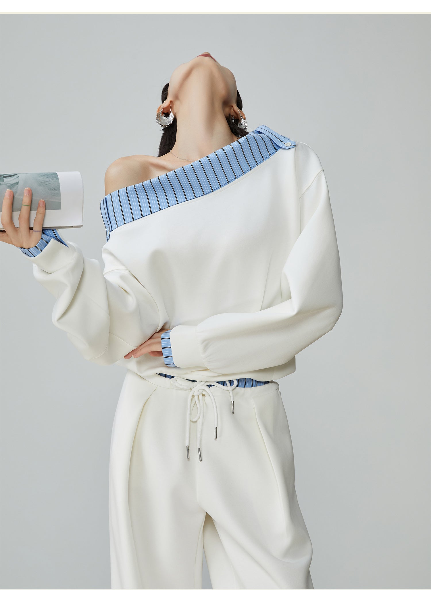 Two Piece Set Of Blue And White Striped Collared Sloping Shoulder Hoodie And Wide Leg Pants See size chart under “more details” The Fashion Celestial