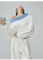 Two Piece Set Of Blue And White Striped Collared Sloping Shoulder Hoodie And Wide Leg Pants See size chart under “more details” The Fashion Celestial