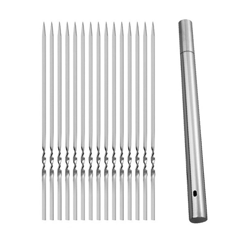 15pcs of Stainless Steel Skewers And 1 Storage Tube for Barbecuing; Reusable Grill Skewers for Shish Kebab And Camping Flat Forks Gadgets NovaCart