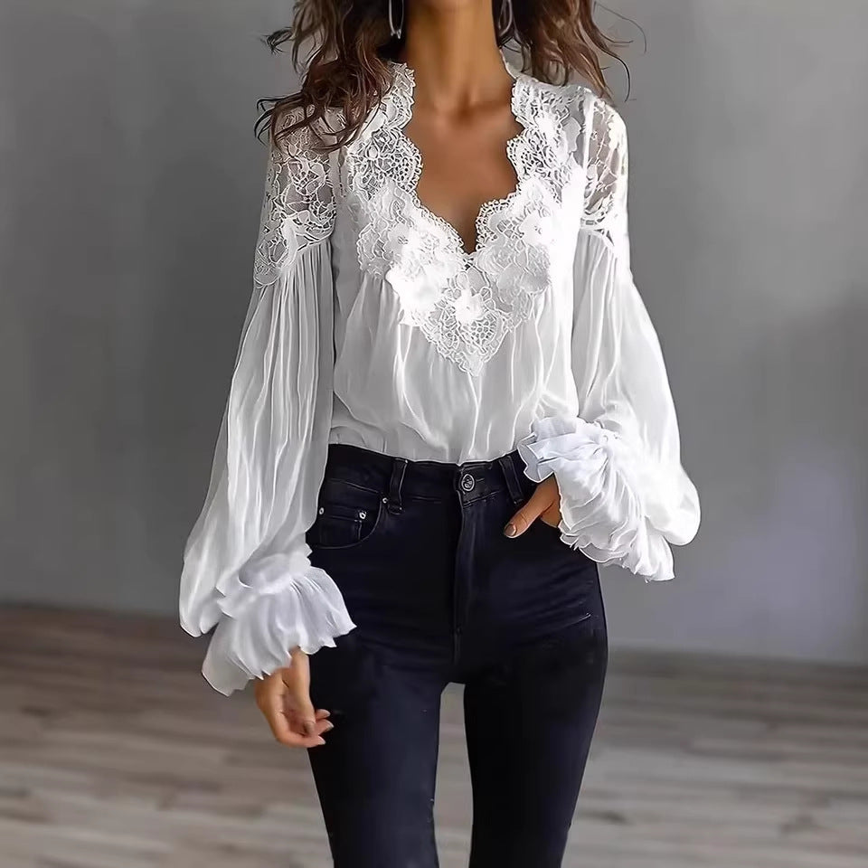 Lace-Panel Puff Sleeve Pleated Ruffle Shirt | Ballet Style FitiqueFit
