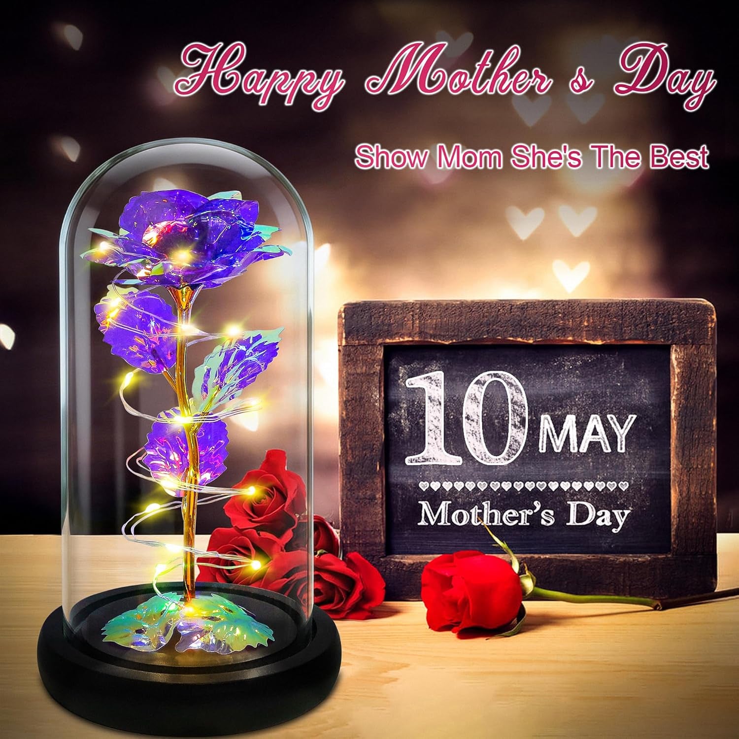 Mothers Day Mom Gifts for Mom,Birthday Gifts for Women Moms Grandma,Flowers for Delivery Prime,Purple Light up Rose in a Glass Dome,Anniversary Valentines Roses Gift for Her Wife Daughter