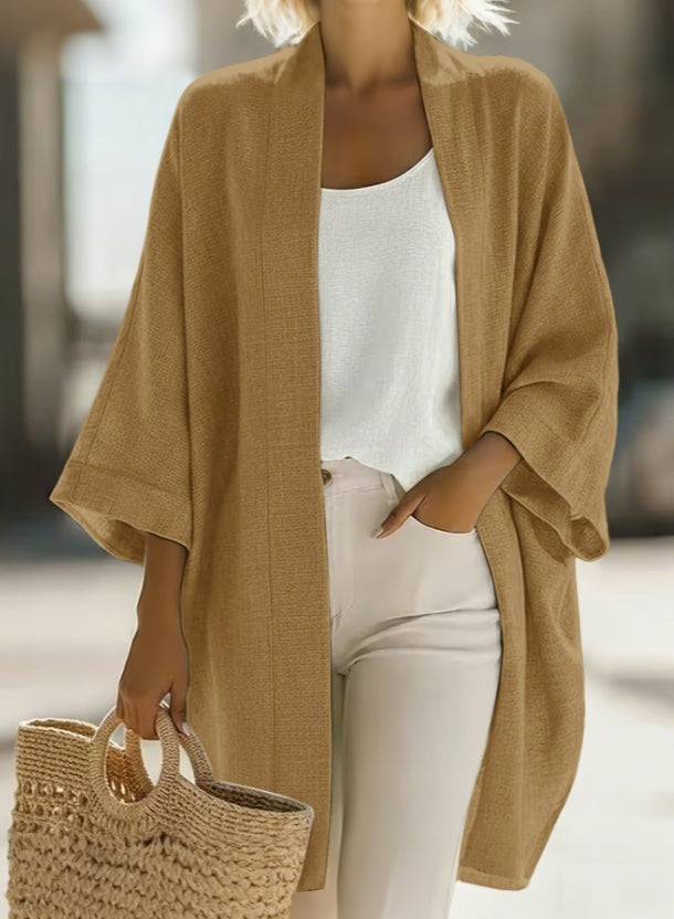 Women's Japanese Linen-Blend Kimono Cardigan – Open Front 3/4 Sleeve FitiqueFit