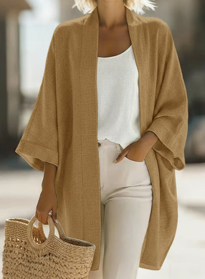 Women's Japanese Linen-Blend Kimono Cardigan – Open Front 3/4 Sleeve FitiqueFit