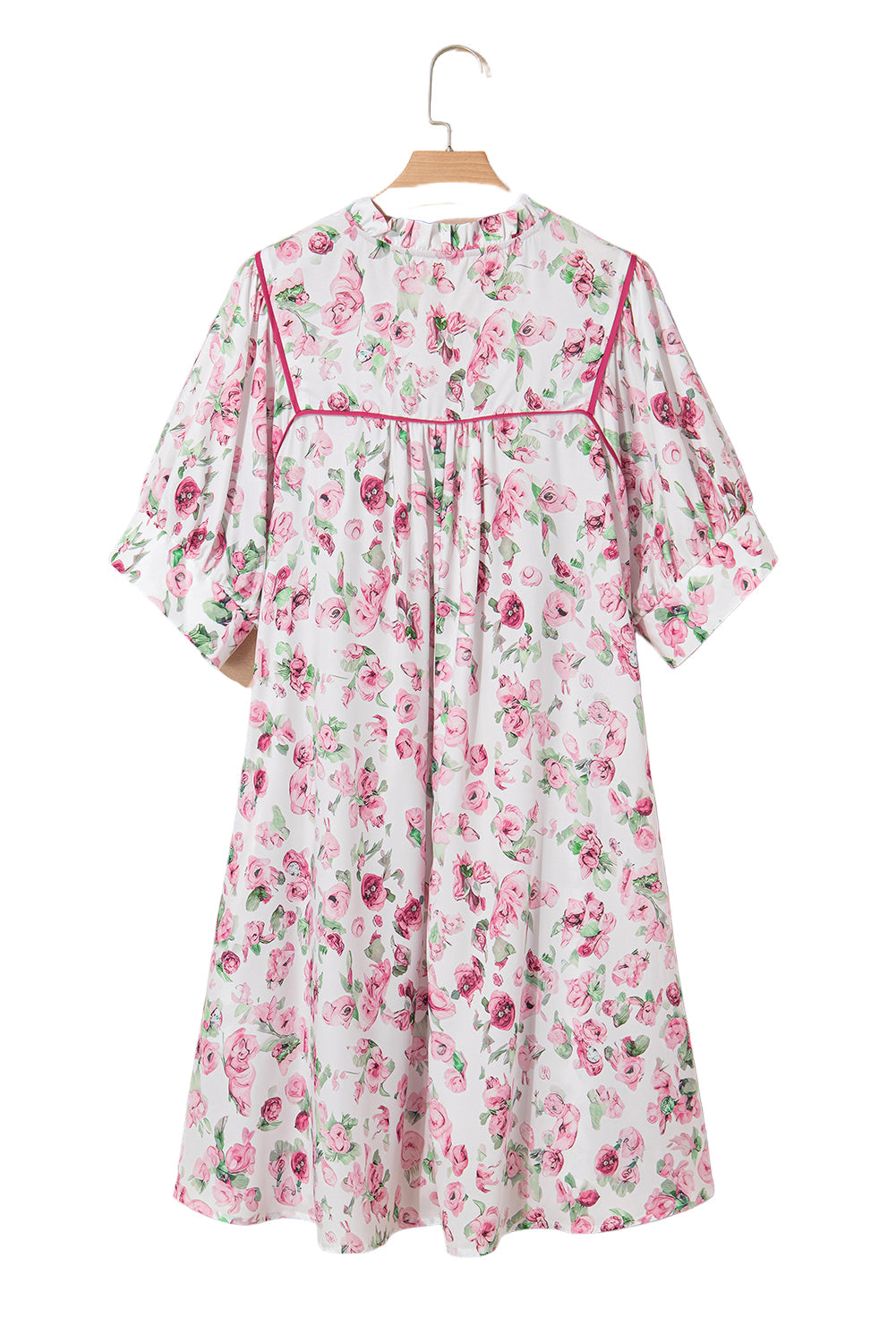 Pink Floral Split Neck Short Sleeve Loose Plus Size Mini Dress Garden Naked Curves