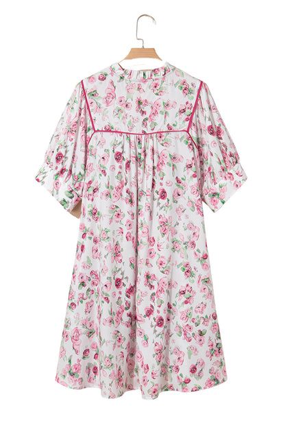 Pink Floral Split Neck Short Sleeve Loose Plus Size Mini Dress Garden Naked Curves