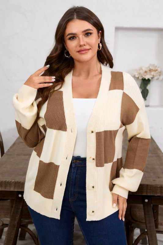 Plus Size Checker Ribbed Knit Buttoned V-Neck Card Shop Style & More | Fresh Looks, Everyday Deals & Free Shipping