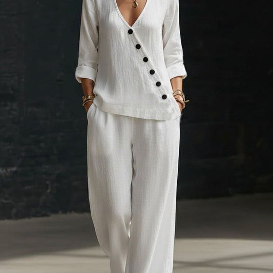 Women’s V-Neck Cross-Over Shirt and Wide-Leg Pants Set FitiqueFit