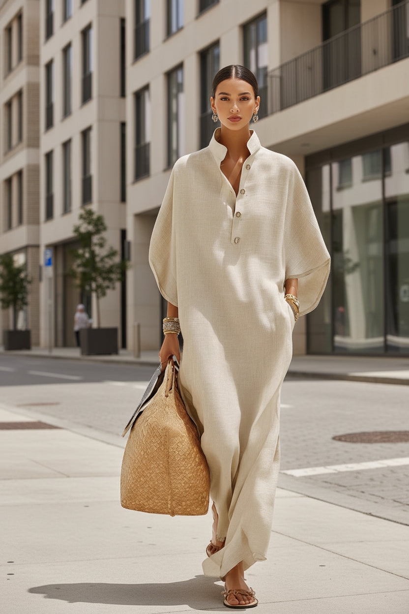 Women’s Stand Collar Button-Down Loose Straight Long Dress FitiqueFit