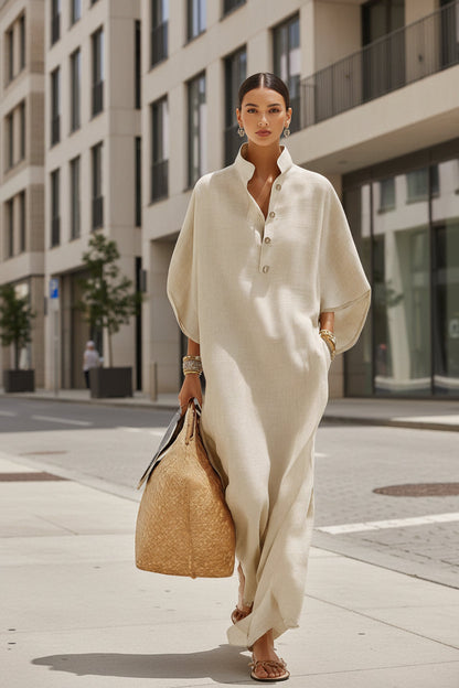 Women’s Stand Collar Button-Down Loose Straight Long Dress FitiqueFit