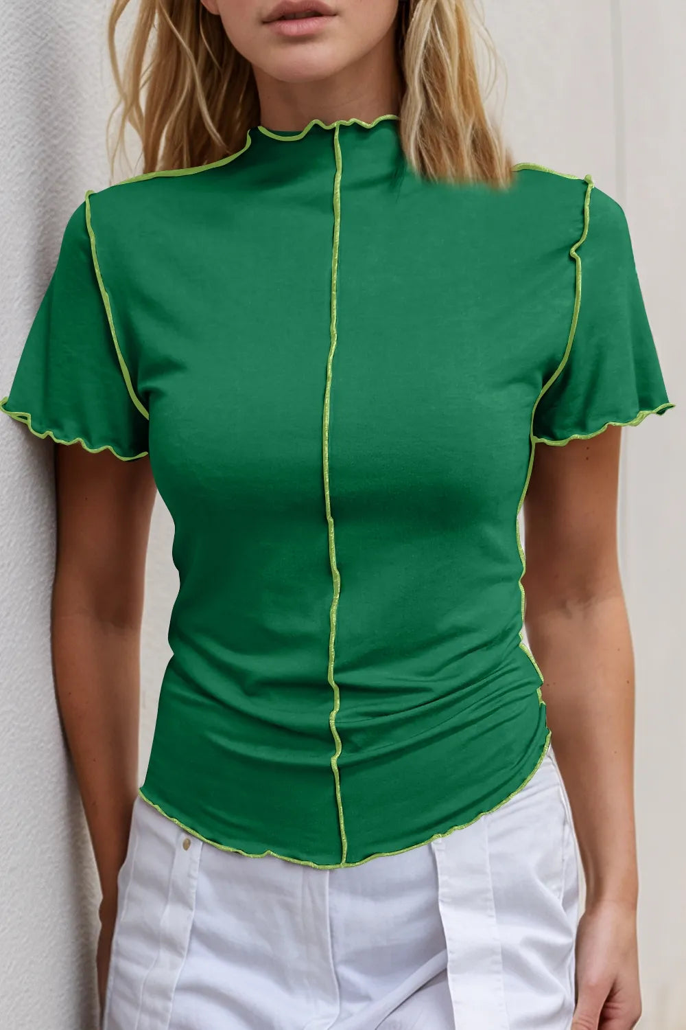 Basic Bae Contrast Trim Mock Neck Short Sleeve T-Shirt New Era Fashion LLc