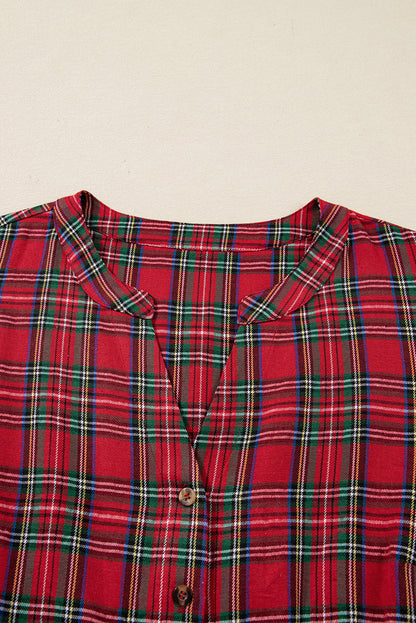 Red Plus Size Plaid Half Button Long Sleeve Holiday Dress Garden Naked Curves