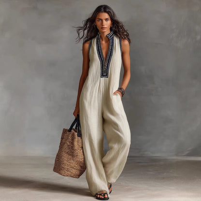 Women’s Simple Linen-Blend Sleeveless Jumpsuit FitiqueFit